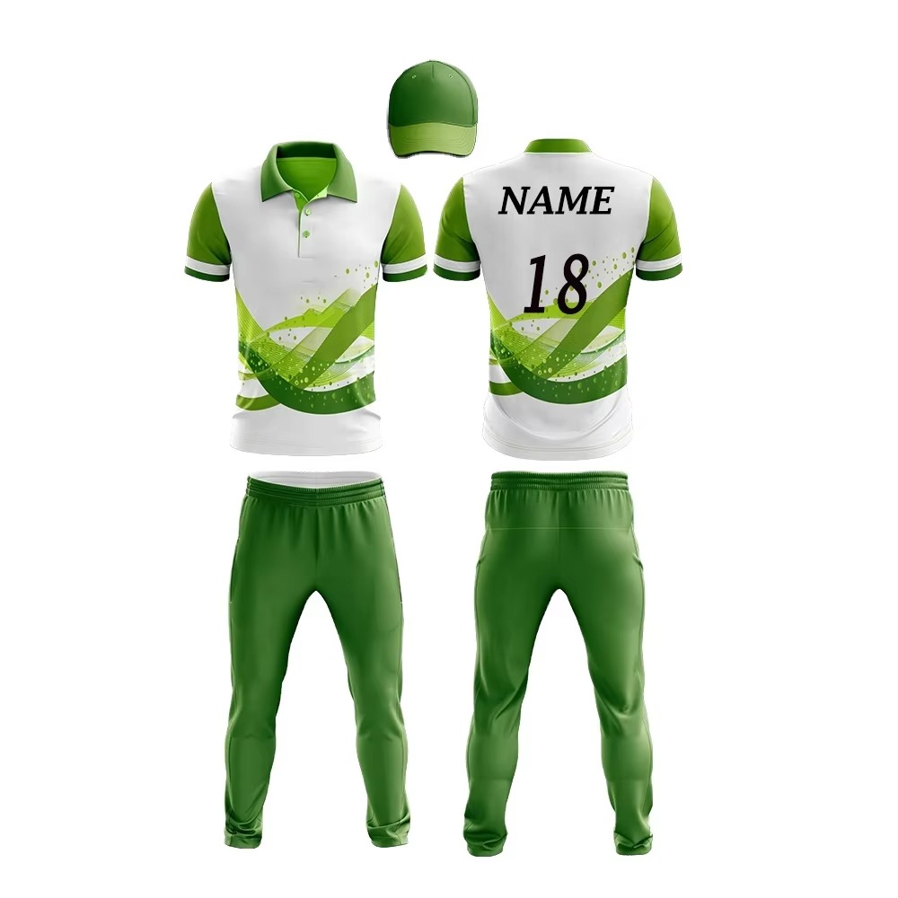 Proud players wearing the Custom Men's Cricket Uniform Full Set with personalized name and number, radiating confidence and team spirit on the cricket field.