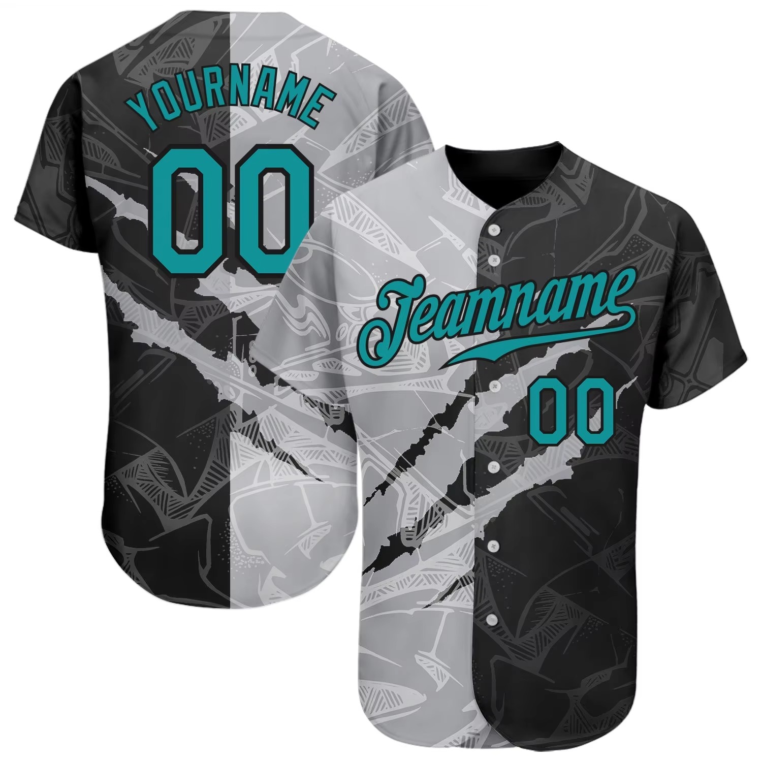 Custom sublimated baseball uniforms with black and grey jersey design