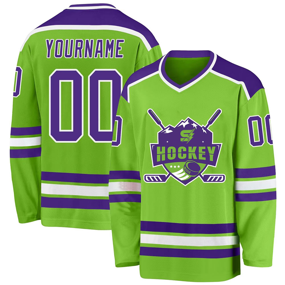 Custom Youth Ice Hockey Jerseys colorful team jersey collection in green purple yellow and red designs