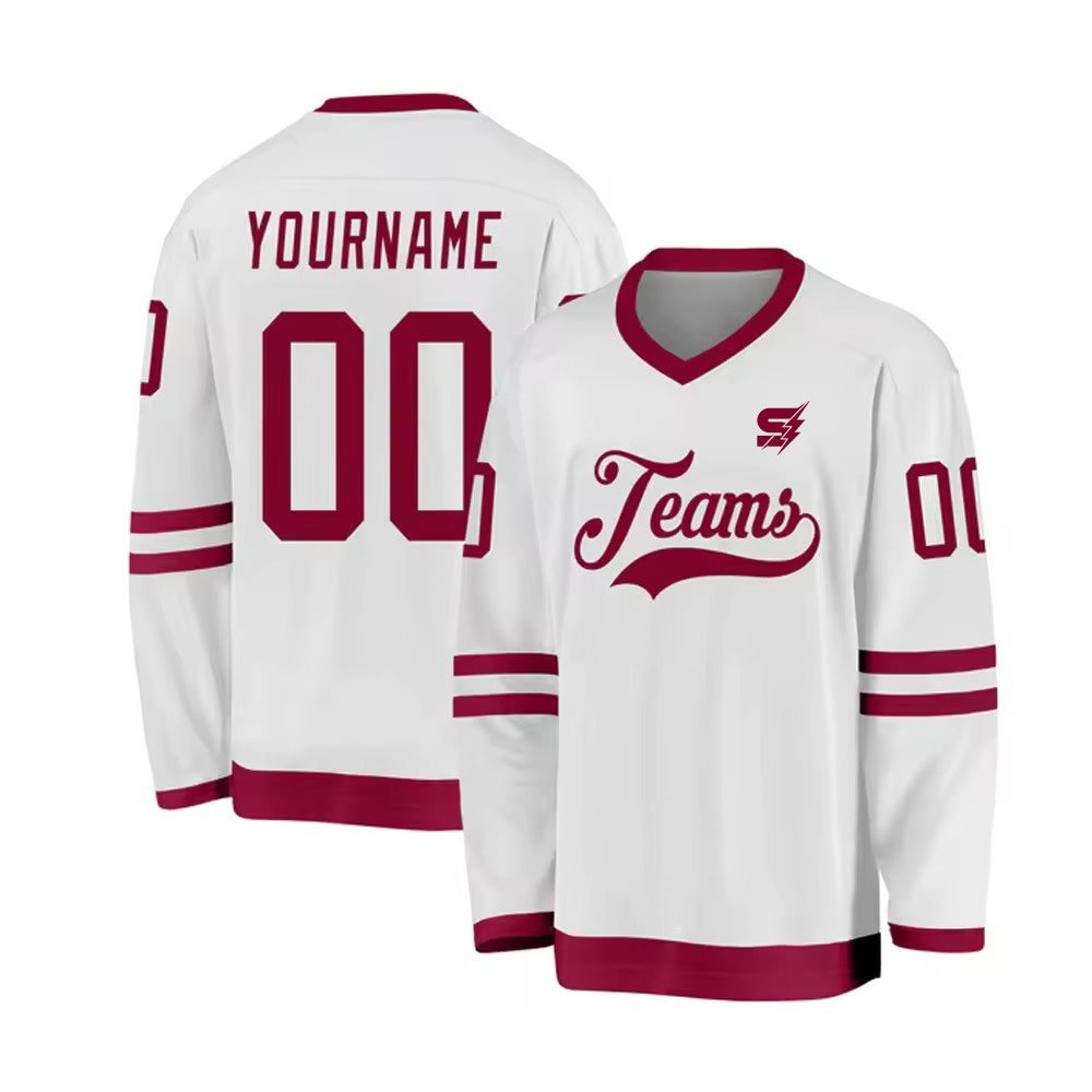 Custom Youth Ice Hockey Jerseys premium white game jersey with red detailing and player number design