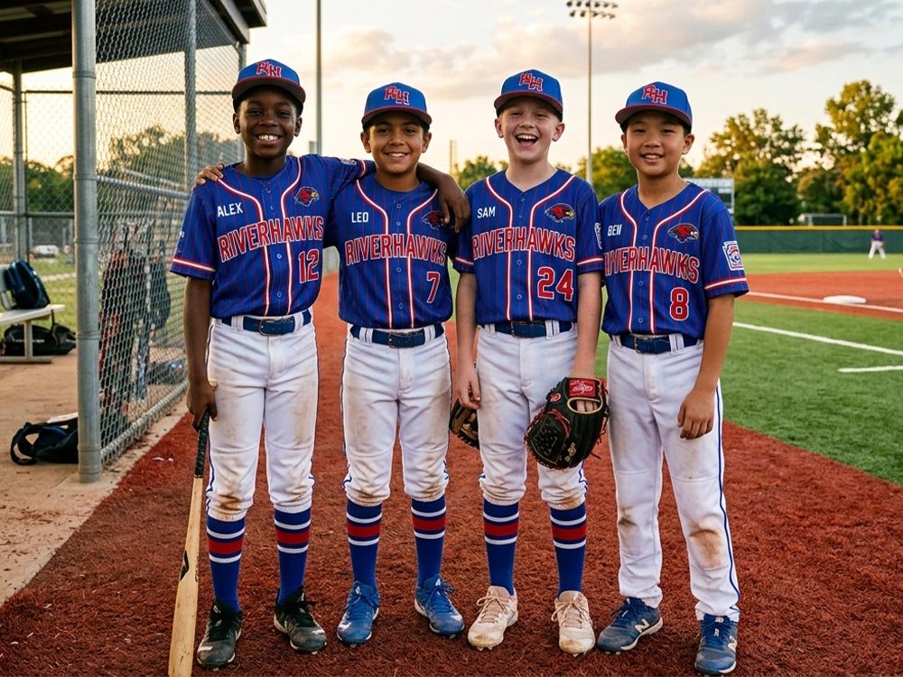 Youth baseball team group wearing custom affordable uniforms on field